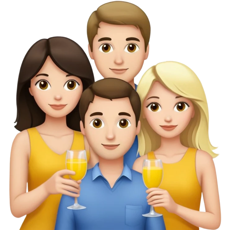 Group of friends 2 brunettes 2 blondes, one guy holding mimosa emoji