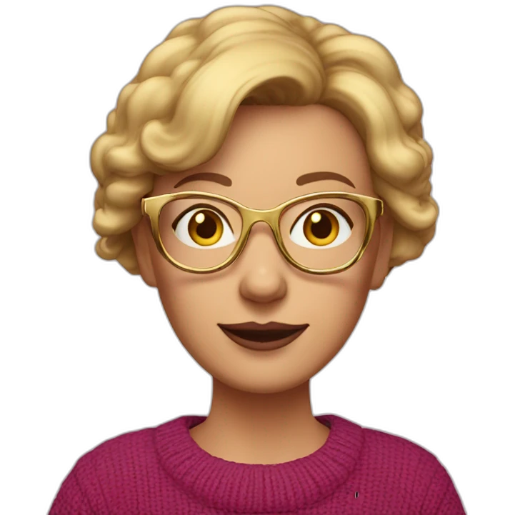 45-year-old Dutch white woman with bordeaux colored short hair, pink sweater and gold glasses emoji