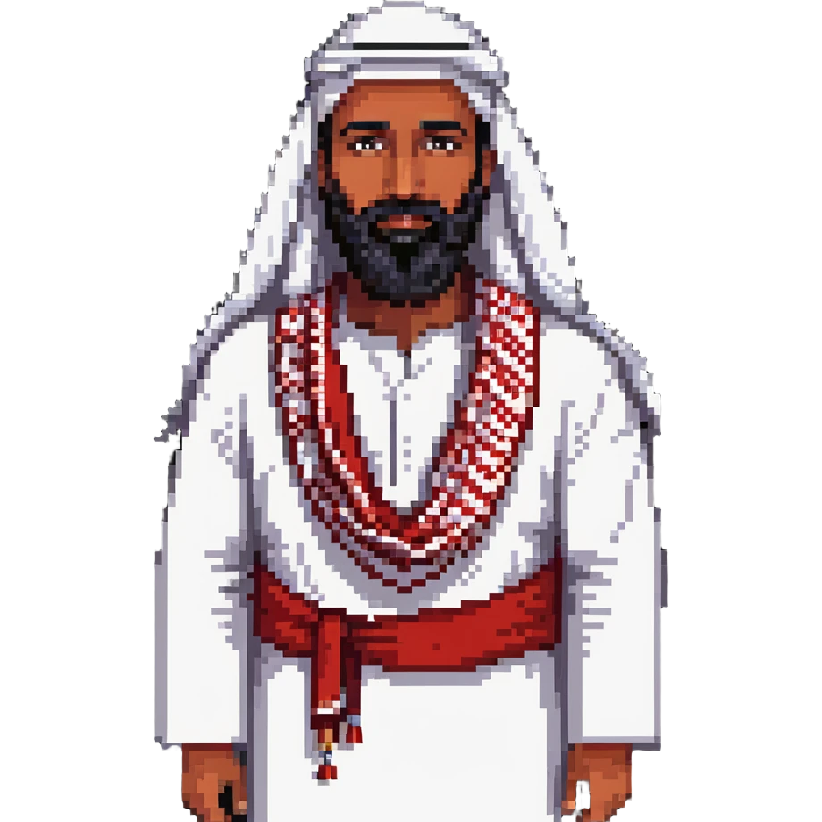 Saudi man with sharp features, wide beard, wearing white thobe and red shemagh, friendly expression, pixel art style emoji
