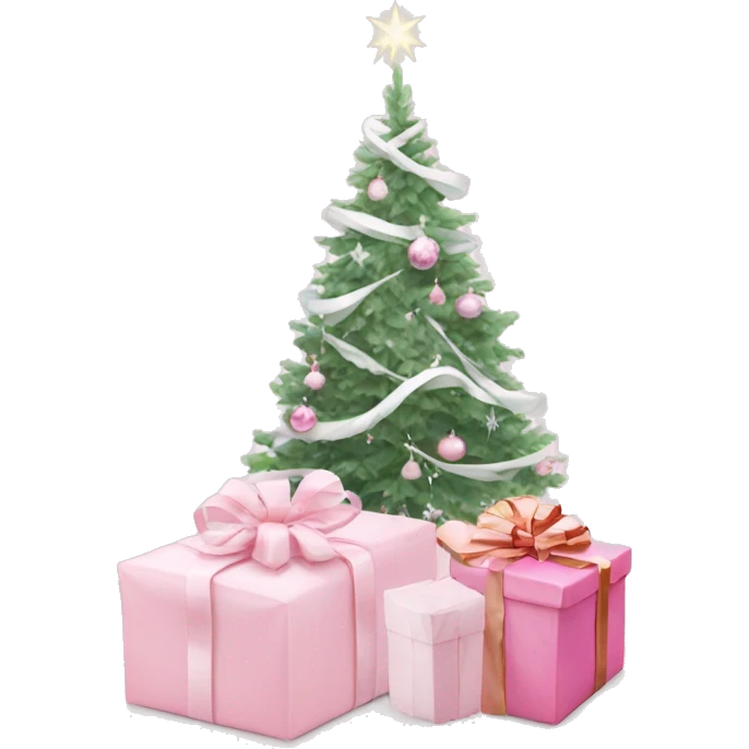 Light pink Christmas gifts under a white Christmas tree  emoji