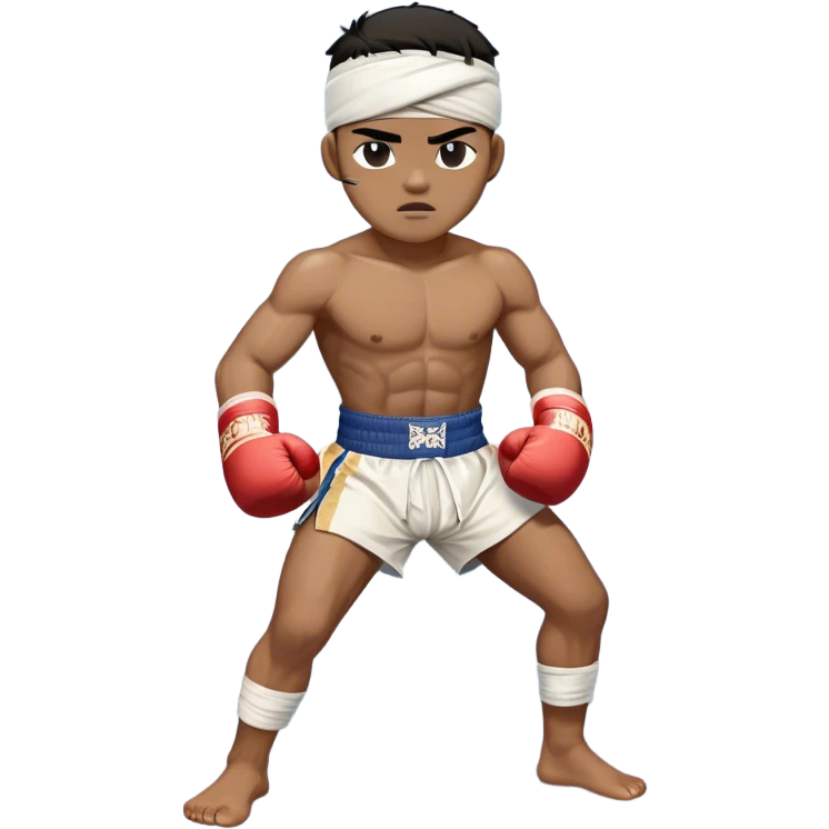 ​Cinematic Realistic Traditional Muay Thai Fighter such as Buakaw Banchamek, depicted in authentic attire featuring white bandaged gloves wrapped around his fists, a traditional headband tied neatly, and classic Muay Thai shorts, captured in a dynamic fighting stance under dramatic, high-energy lighting that highlights the raw power and elegance of the art, emoji