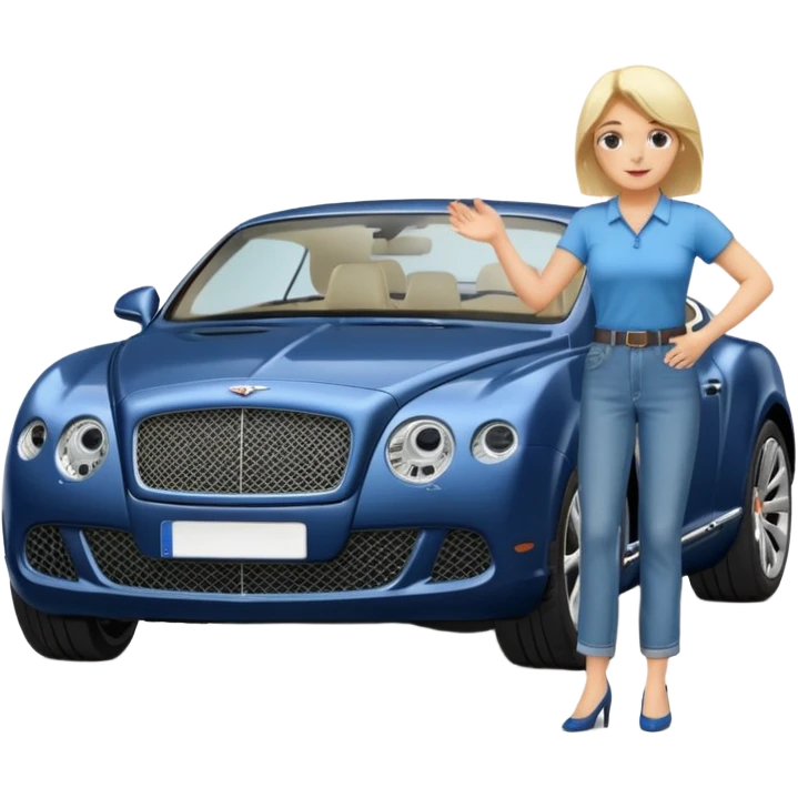 A fatter old blond lady in blue jeans washing a black Bentley car. show the full car and the lady next to it. show the face smaller and the person standing beside it emoji