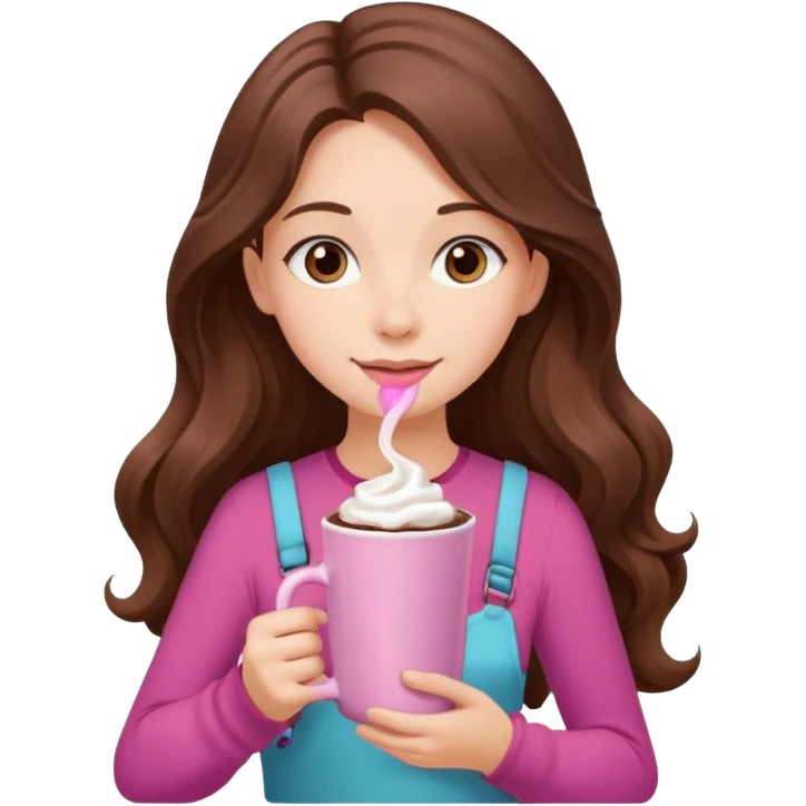menina branca com cabelos castanhos longos ondulados com xícara rosa na frente com chocolate quente, com blusa de alça fina emoji