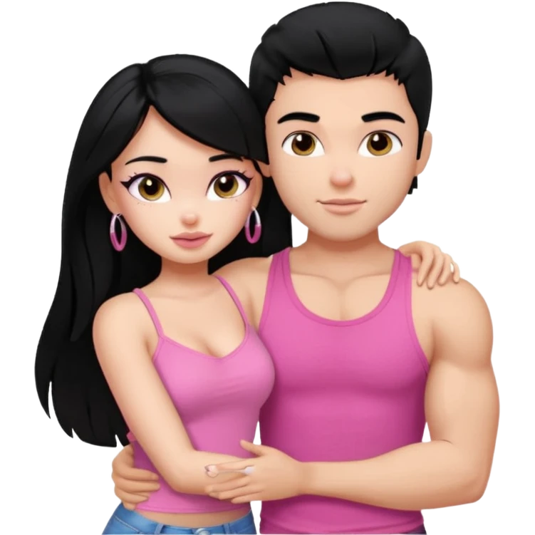 a pretty bratz fair girl. black hair, wearing a pink cami top, she is hugging a handsome fair guy with black hair. lean but muscular.the boy is wearing a black tshirt emoji