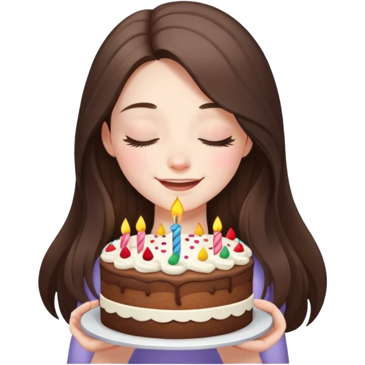 happy beautiful pale brunette girl with long eyes closed hair holding a piece of birthday cake  emoji