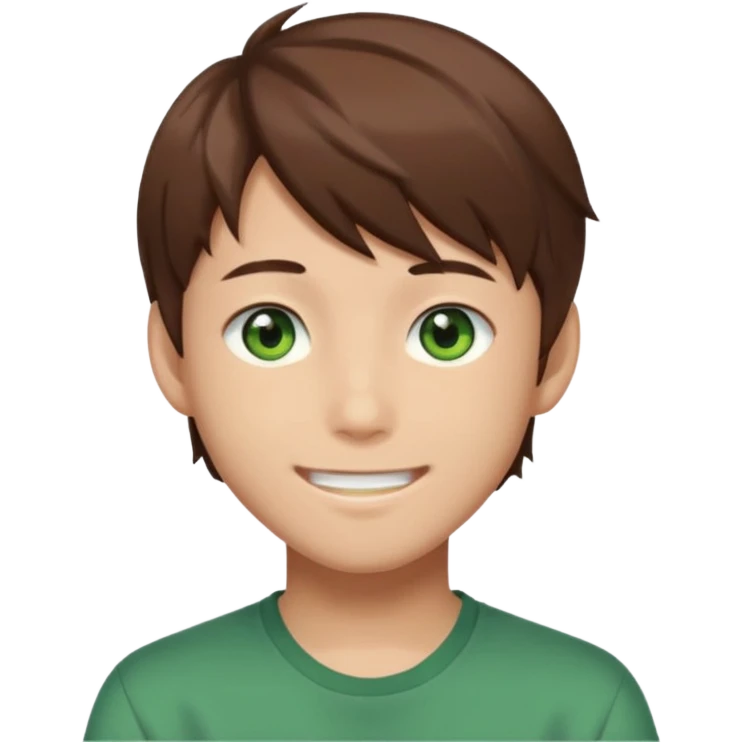 Discord emoji. the face of an Anime asian style teen boy with brown hair, green eyes, looking smiling slightly sideways positioned. Face must be main filling of the frame.  128px emoji