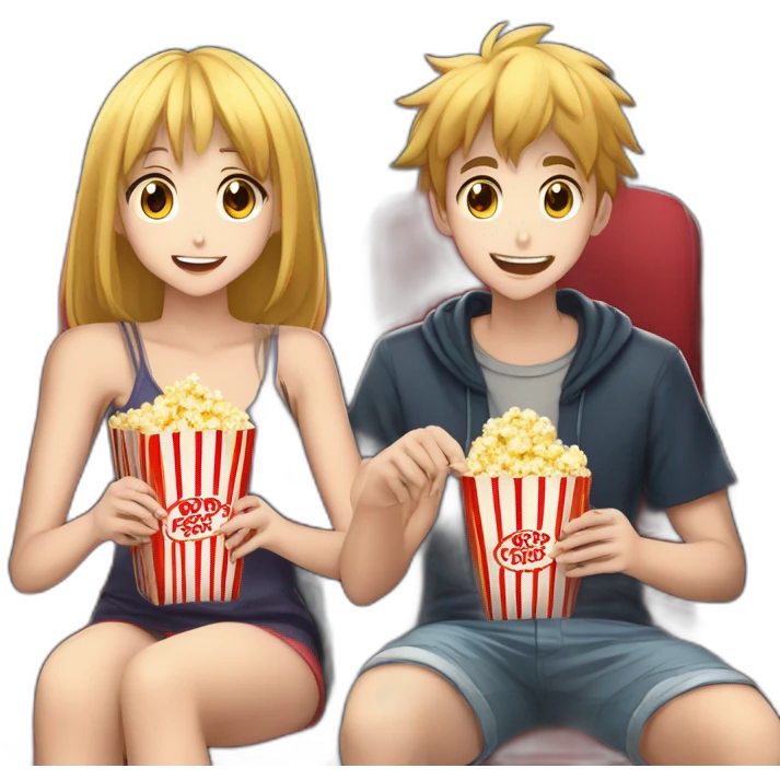 two anime girls 1 anime boy, watching movie at the cinema eating popcorn, dark background emoji