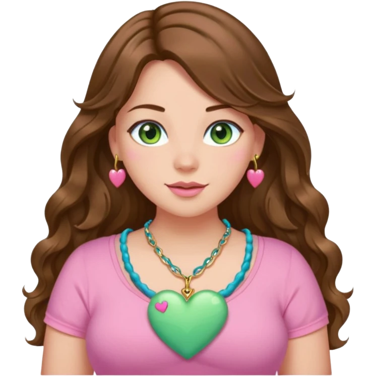 Girl girl long wavy brown hair, green/blue/gold eyes, plus size, pink girly top, pink heart necklace emoji