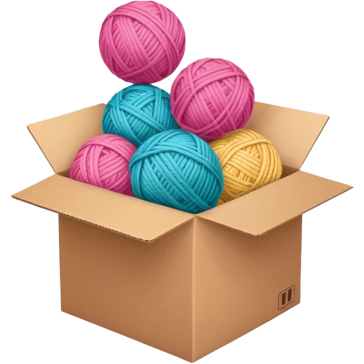 cardboard box with toys, ball of yarn, pink emoji