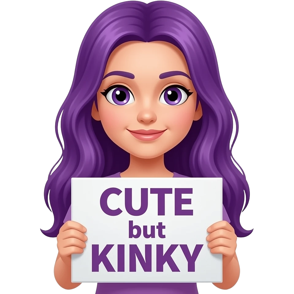 girl with long purple hair holding a CUTE but KINKY sign emoji