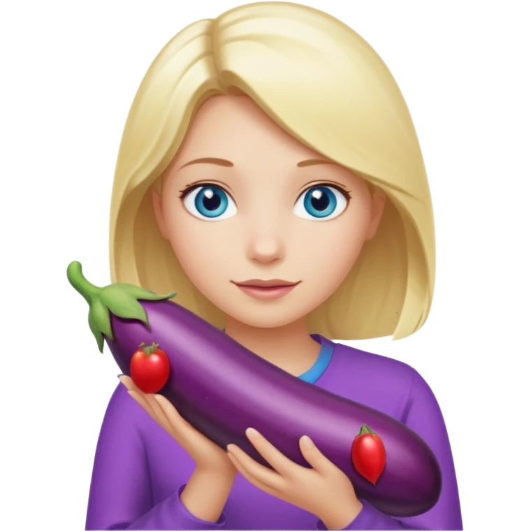 Blonde long hair girl, blue eyes, holding a long eggplant with both hands emoji