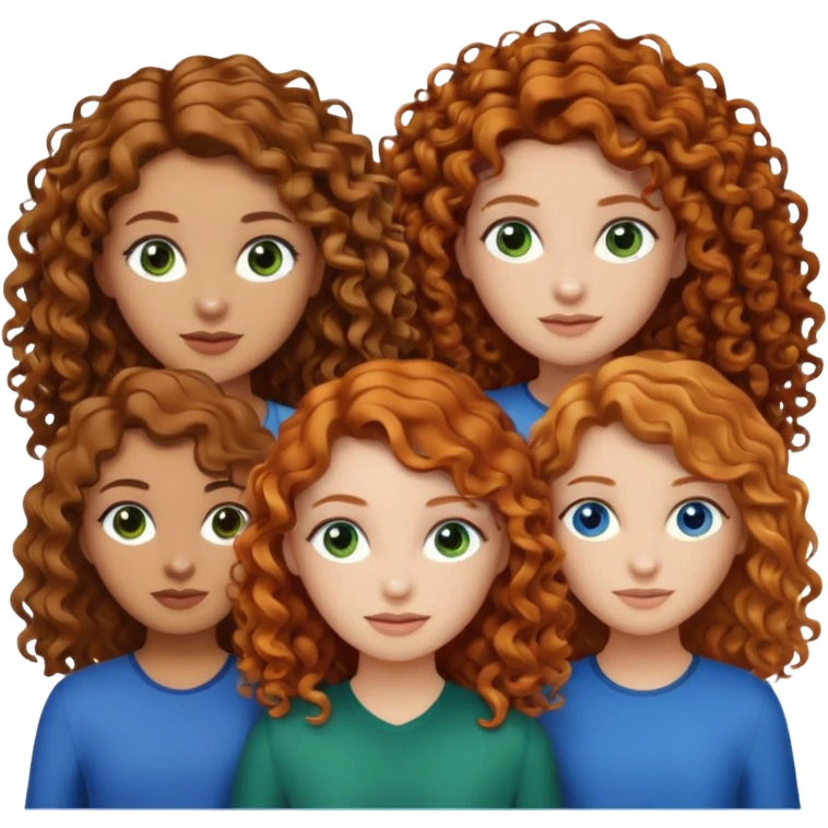 Make me 3 girls. One with medium size curly ginger hair, white skin and green eyes,  one with long curly dark brown hair with a little just a little darker skin and brown eyes,  and one with white skin and straight dark blonde hair and blue eyes  emoji
