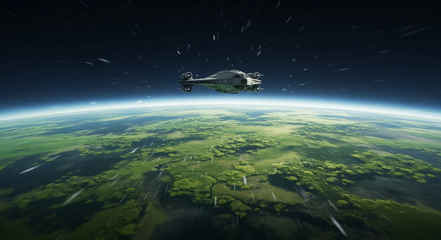 cinematic still, motion blur shutter speed, establishing shot, shot from top, entire globe green planet, single starship coming to planet, inspired by StarWars movie, captured by arri alexa  emoji