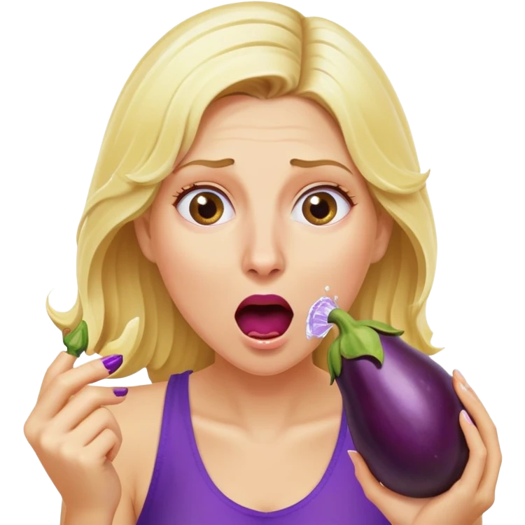 blond woman biting an aubergine, water jet coming out of the eggplant, shocked expression emoji