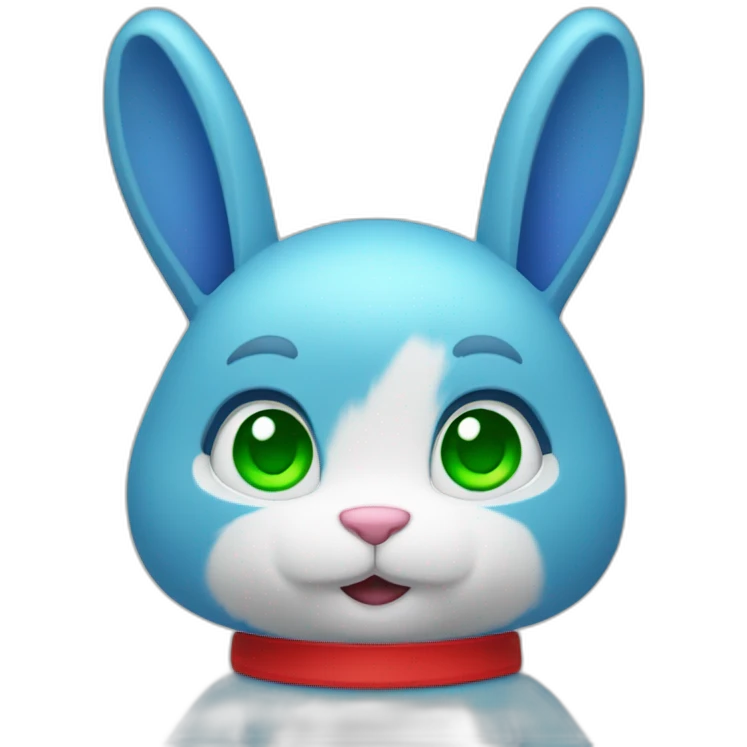 Blue humanoid rabbit with red shorts and white gloves with green eyes emoji