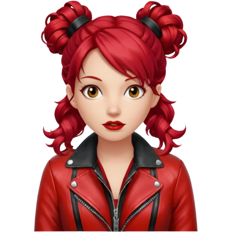 A woman with strikingly long, wavy, vibrant red hair, which is styled with two small buns on top of her head. She is wearing a shiny red leather jacket over a red top with a black patterned trim. She's gagged emoji