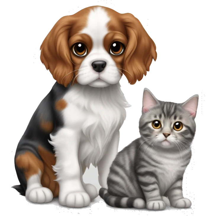 Cavalier King Charles Spaniel puppy sits next to a British gray tabby cat emoji