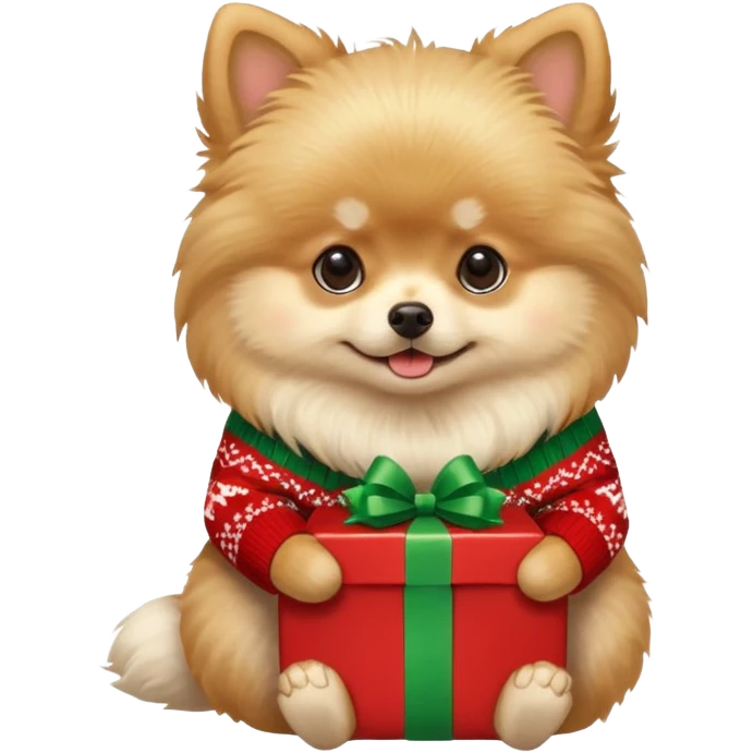 Pomeranian dog with a Christmas sweater sitting down and holding a present emoji