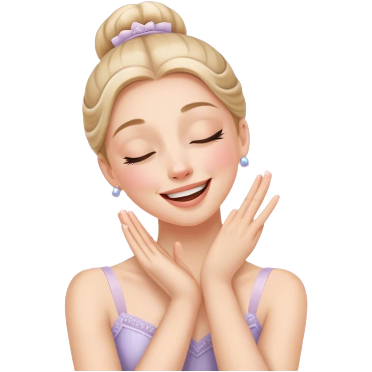 The ballerina laughs sweetly, covering her mouth with her hand and with her eyes closed emoji