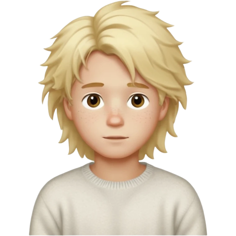 create-a-look-for-a-blond-boy-with-long-tousled-hair-light-eyes-a-white-sweat + fluffy white sweater + styled hair blonde with hair to the side cute + cute face with freckles emoji