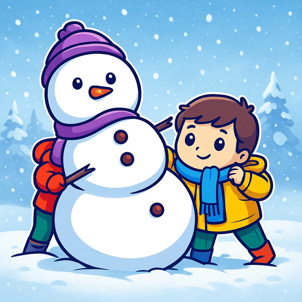 Add a snowy background behind the kids building a snowman, keep the original sticker style emoji