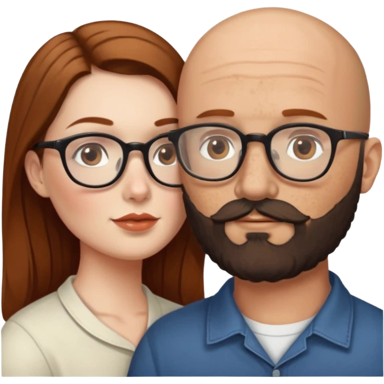 Couple. Bald man with dark brown-black beard. White woman with many small, faded freckles, she has white skin and she has auburn-brown-cinnamon, dark long hair. She has light brown eyes. The man have hazel eyes and glasses. She have light eyes. Retro style. She kisses him. emoji