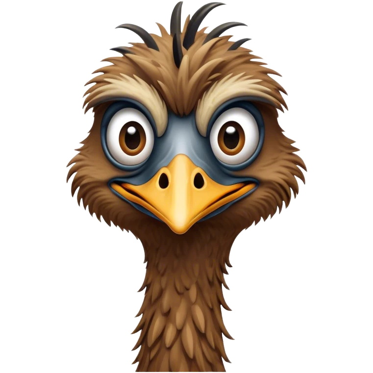 Cinematic Comical Emu Portrait Emoji, Head tilted dramatically with an exaggeratedly amused expression, featuring a striking, textured brown plumage with a comically small head and wide, expressive eyes full of playful disbelief, Simplified yet hilariously expressive features, highly detailed, glowing with a slightly sassy glow, high shine, dramatic yet playful, stylized with an air of cheeky outback mischief, bright and endearing, soft glowing outline, capturing the essence of a spirited and over‐the‐top emu, so meme‐worthy it feels like it could squawk its way into internet fame instantly! emoji