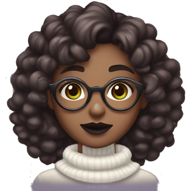kawaii woman, green eyes, dark brown hair, super curly pigtails, white turtleneck, dark skin color, glasses, dark plum lipstick on full lips, hype expression. emoji