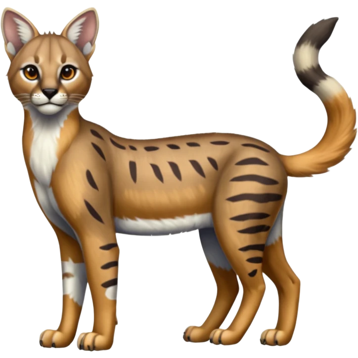 Realistic patterned marked edgy greyish blackish whitish silvery coppery Shiny Colorful Glossy Genet-Caracal-Lion-Bobcat-fusion-animal-hybrid-creature, full body, tufted ears, long thin tufted tail emoji