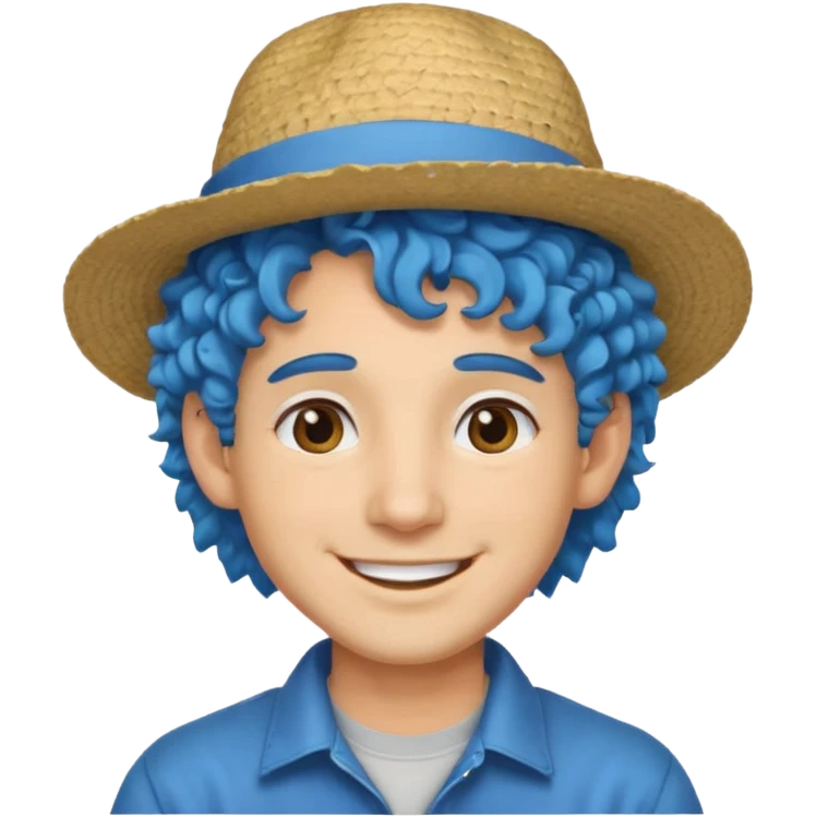 mid blue haired man curly hair and big earrings and and hat wearing emoji