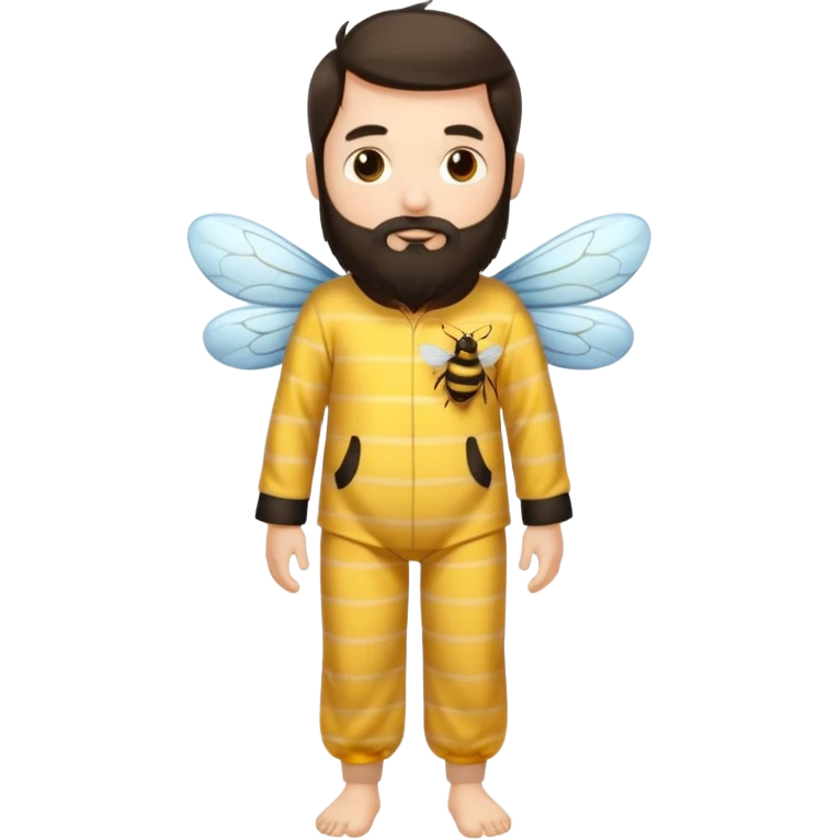 Grown up man with long dark brown long hair, white skin, medium beard, full body in cute bee pijama emoji