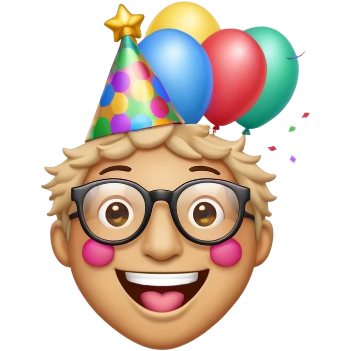 Create a funny emoji that combines a laughing face with a silly hat and oversized glasses. The emoji should look like it's having a great time at a party, with confetti and balloons in the background. Make it colorful and playful emoji