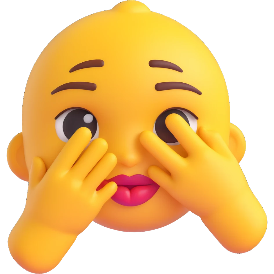 teasing emoji with hands together, lips biting, head tilted, direct eye contact, confident playful, bright warm color palette, smooth polished cartoon style emoji