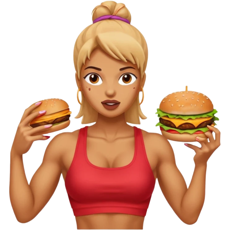 strong lean woman with visible strong abs eating a burger emoji