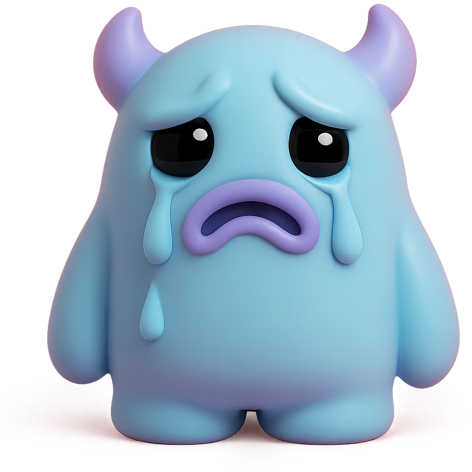 monster with big teary eyes, drooping mouth, tears streaming down its face, soft blue and purple colors, toy-like vinyl figure style emoji
