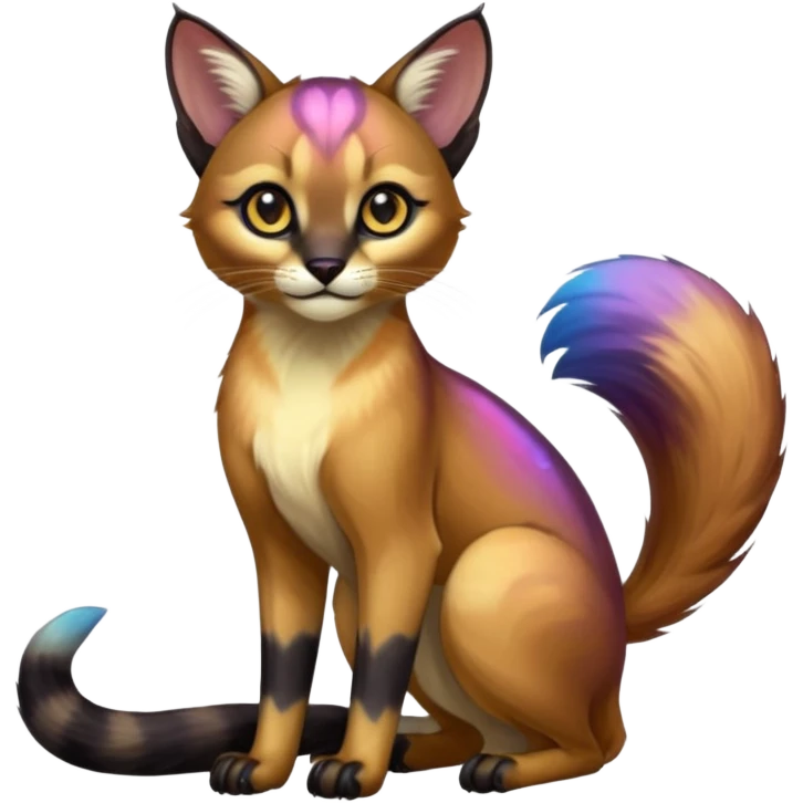 Colorful iridescent Asian painted anime-styled big-eyed shiny glorious divine marked exotic cool beautiful realistic caracal-civet-oncilla-animal-Fakémon-hybrid-fursona (full body) emoji
