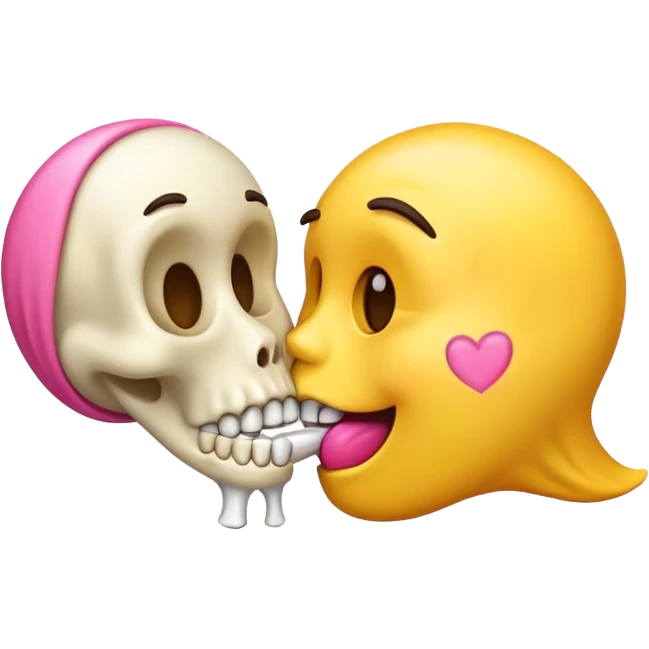 kissing emoji with a yellow bone in its mouth, bone has a pink tip emoji