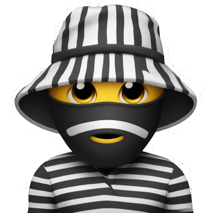 Robber Emoji with a back hat and a back mask that only covers his eyes with a striped black and white shirt emoji