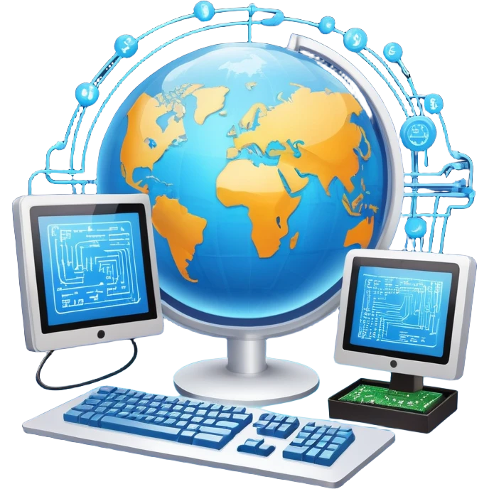 An icon featuring a computer monitor displaying code, a globe with network nodes, and a circuit board, symbolizing IT. The design includes data streams, cloud storage, and a keyboard, representing digital innovation, connectivity, and problem-solving. Transparent background emoji