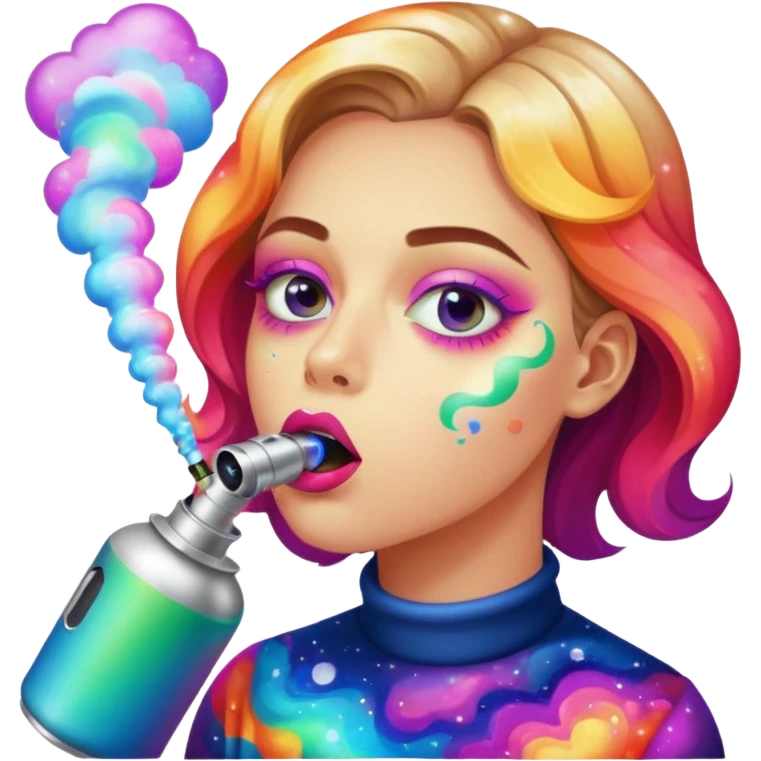 Emoji-style face inhaling from Galaxy Gas nitrous oxide canister, mouth on nozzle, kaleidoscope psychedelic eyes, colorful vapor swirling emoji