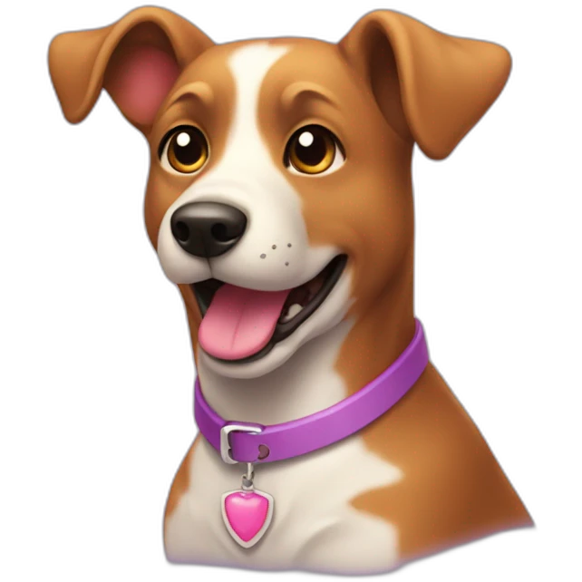 a purple dog with a brown nose and a pink collar with a bone happy  emoji