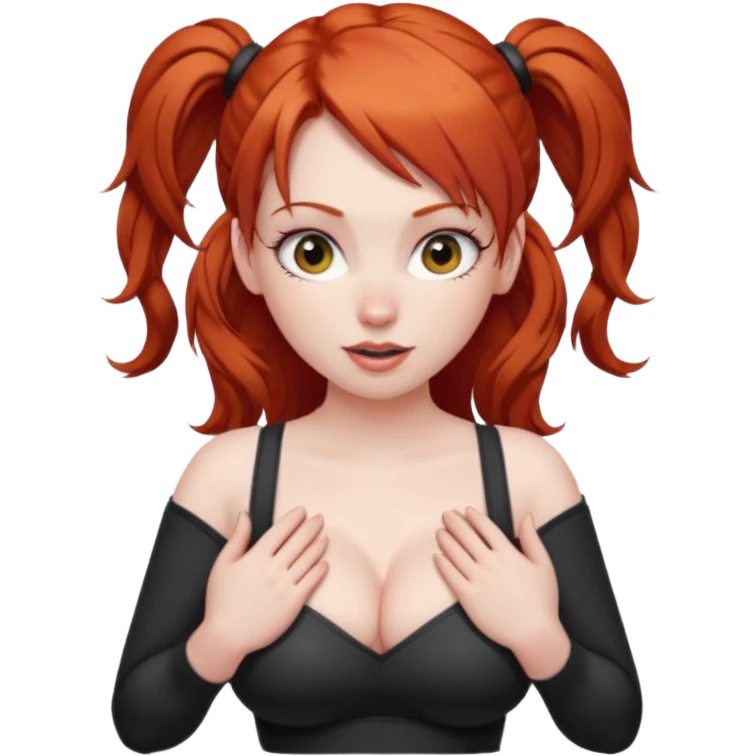 Naked red haired girl in pigtails with hands on hips and very large boobs with cleavage.  She is not wearing anything at all.  Her waist is thin and her hips are sexy.  She winks one eye emoji