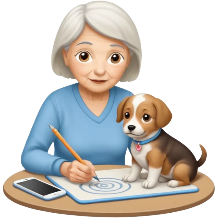 An elderly woman sketching her puppy on the spiral pad. emoji