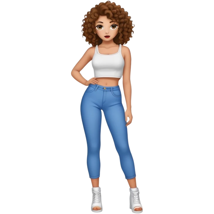 Full body teenage girl with curly brown hair, heavy makeup, big lips, crop top and choni style clothing emoji