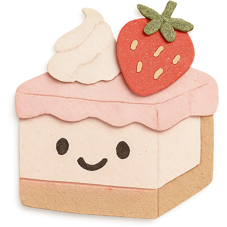 cute strawberry cake with whipped cream, smiling face, kawaii, soft light, hand-drawn look emoji