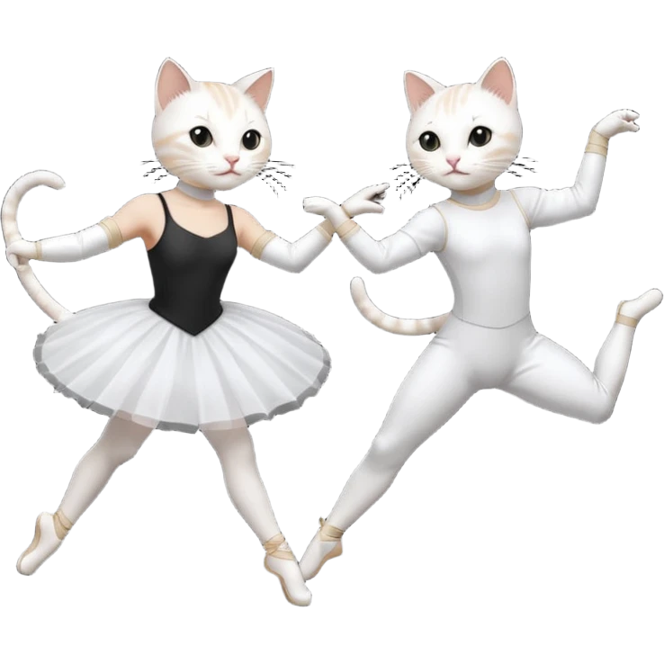 A white female cat doing ballet and a black male cat doing fencing emoji