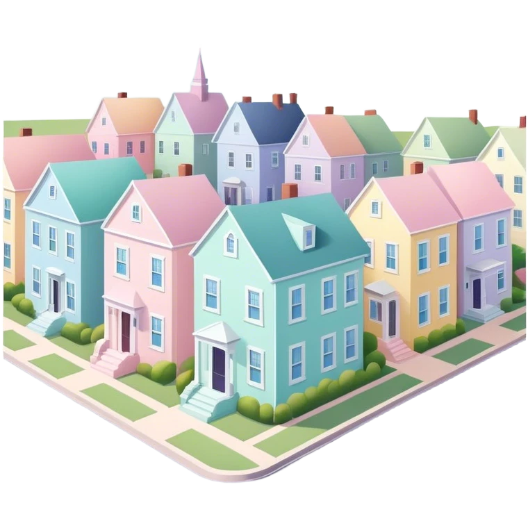 row of pastel homes, isometric exterior view, charleston emoji