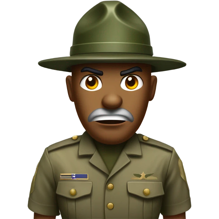 drill sergeant character wearing a classic sergeant hat and a camouflage army shirt. The character should have an angry intense expression. full torso emoji