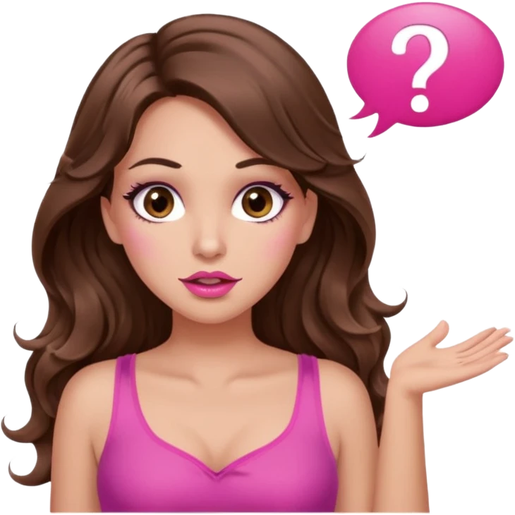 girl with long wavy brown hair, brown eyes, long lashes makeup, sexy pink lips, light to medium complexion, wearing a pink sexy top, shugging, question mark one speech bubble emoji