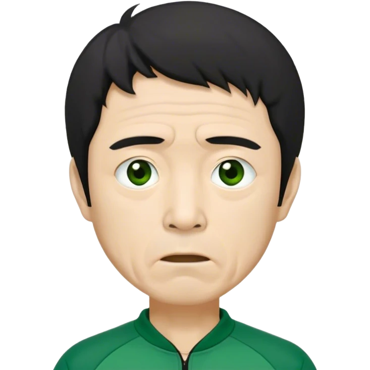 Seong Gi-hun : age 60, skinny and bony face, small mouth, unkempt black hair and tired eyes, Green player tracksuit. emoji